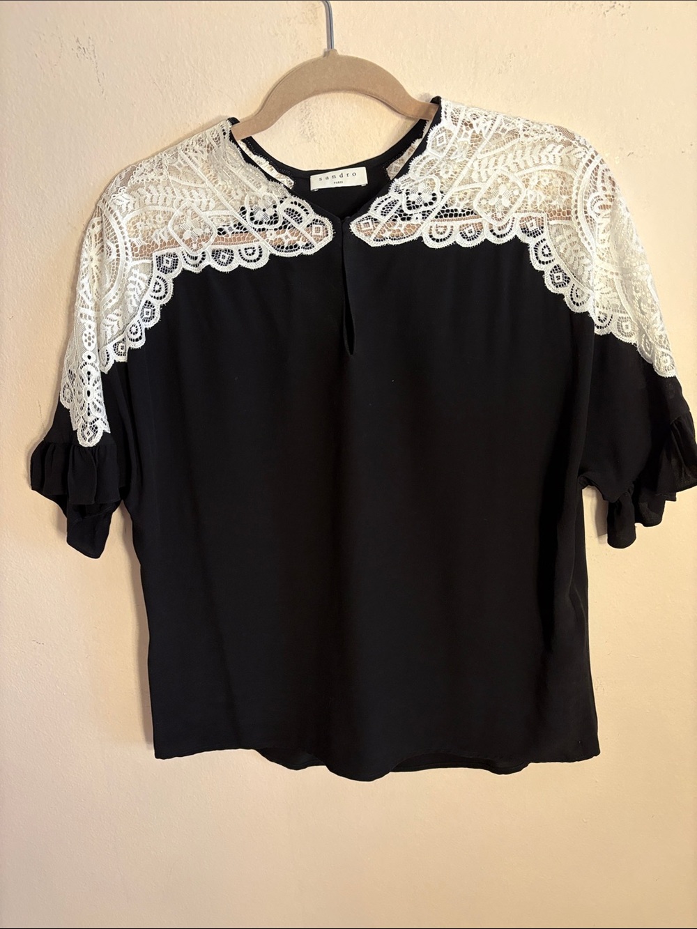 Sandro Black Blouse with White Lace Yoke